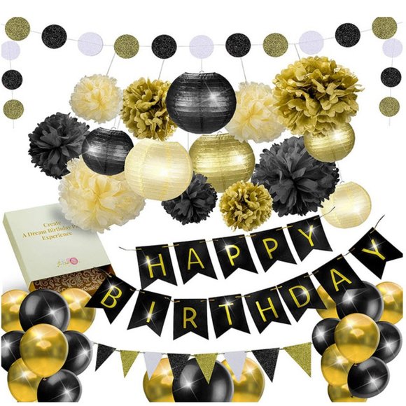 Black & Gold Birthday Party Decoration set - Picture 1 of 8